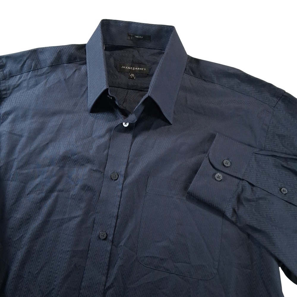 Jhane Barnes Button Up Shirt Large Black Geometric Textured Two-Ply Long Sleeve